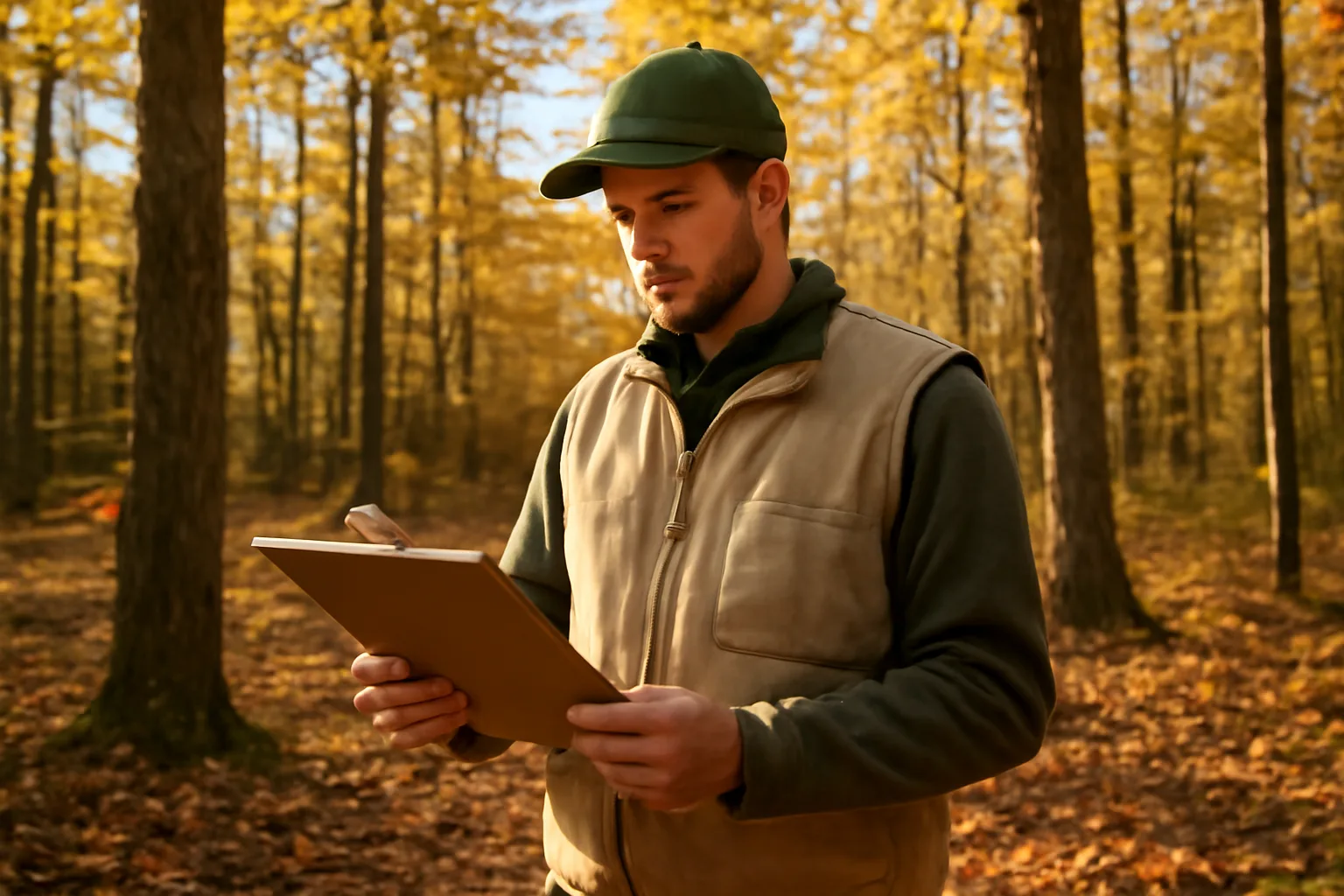 State forester reviewing managed forest plan in wooded stand during site inspection