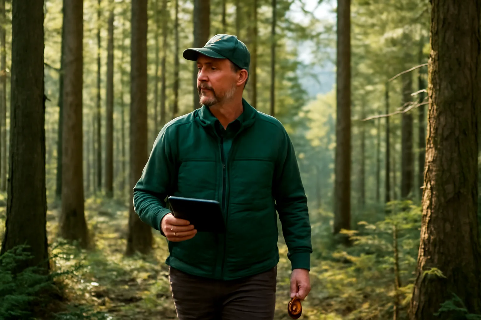 Forester conducting site assessment in Oregon Douglas-fir forest for stewardship plan