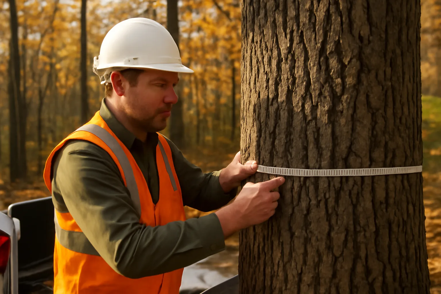Forester measuring tree diameter in hardwood stand for forest management plan inventory