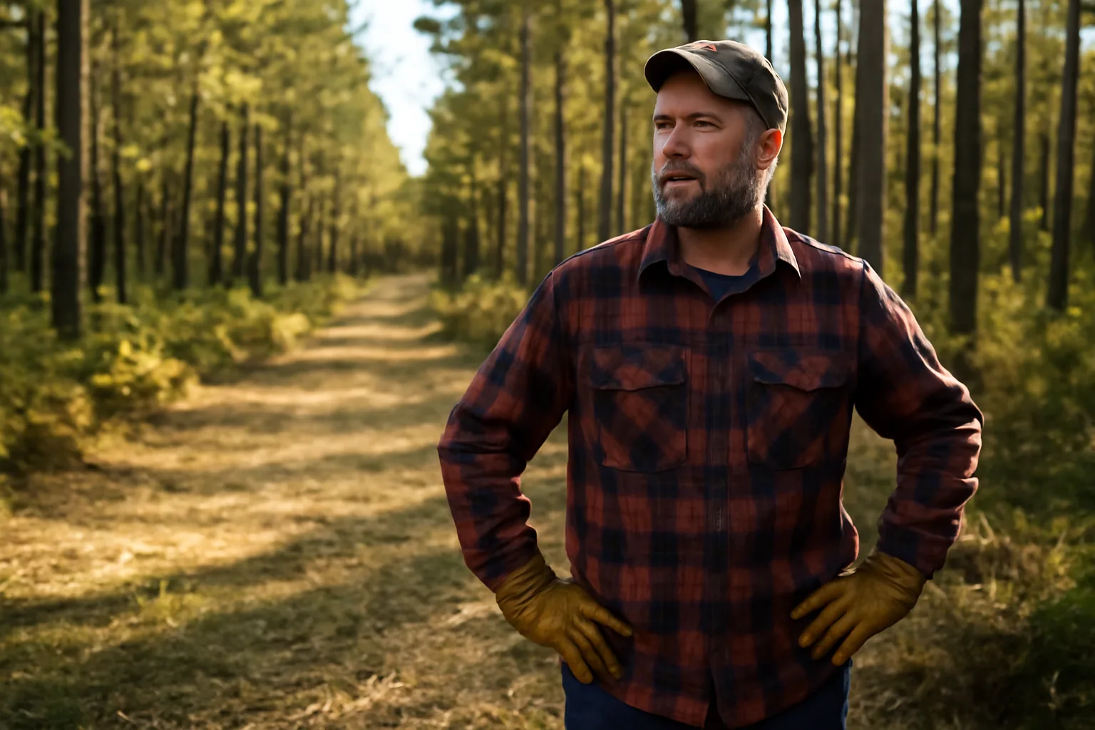 Woodland owner next to maintained firebreak in thinned pine forest