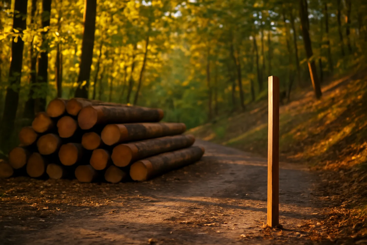 Marked timber logs and a survey stake illustrate forest management planning on a wooded hillside
