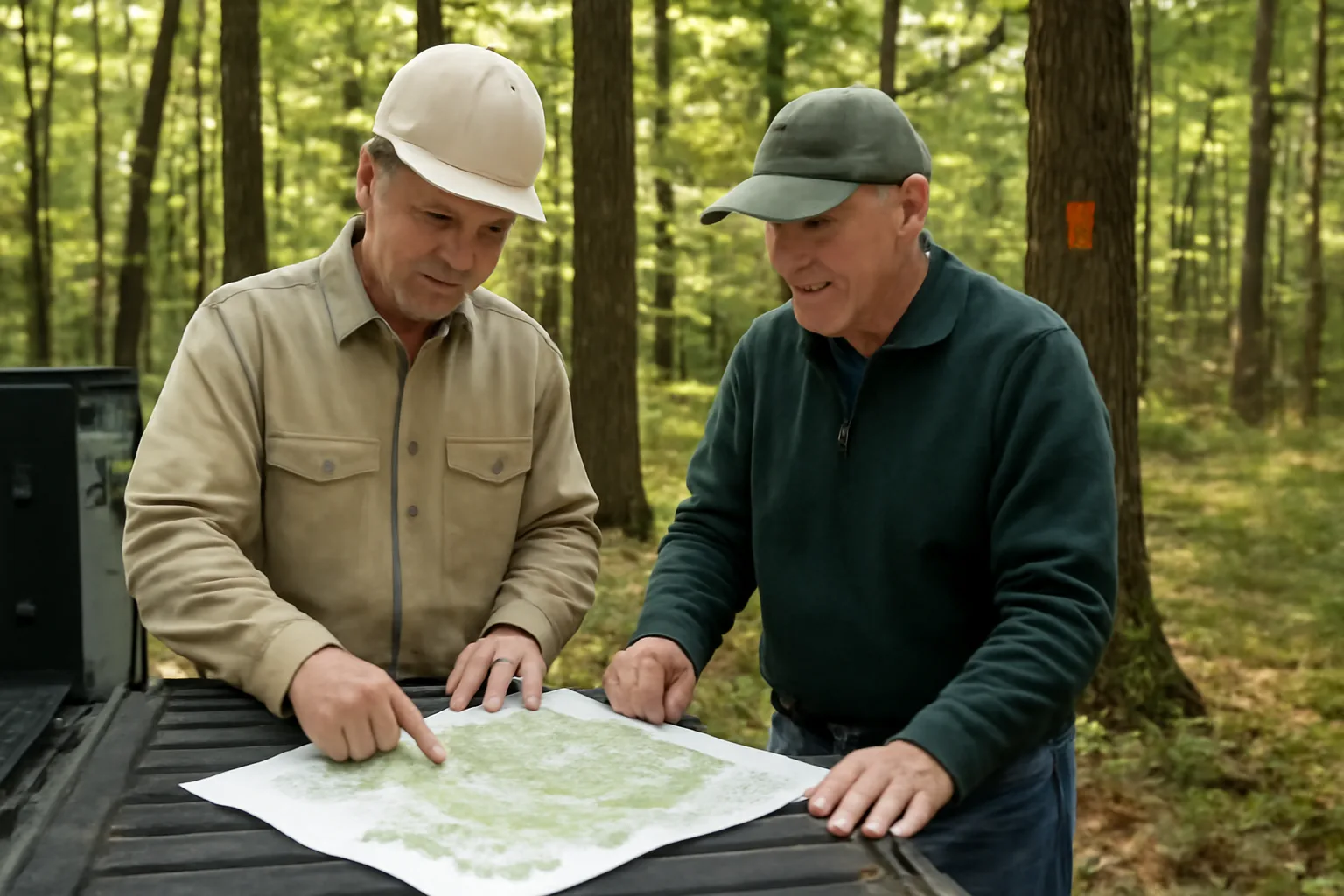 Forester and landowner reviewing a field map beside a marked hardwood stand