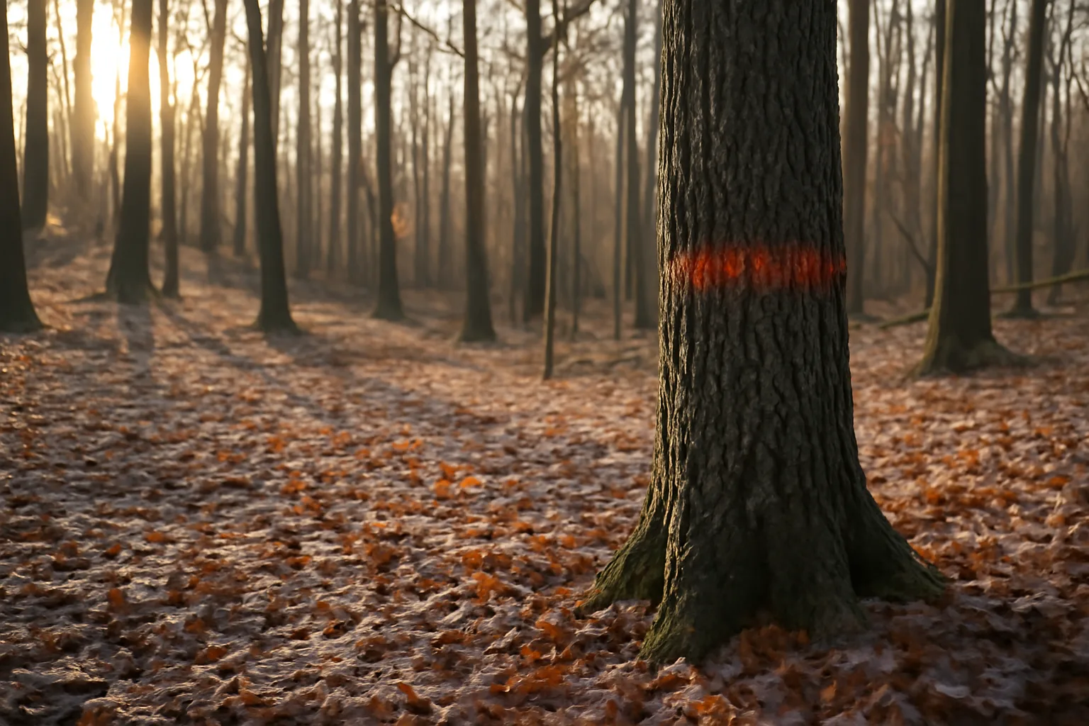 Sunlit hardwood woodlot with a boundary tree marked for a forest management plan