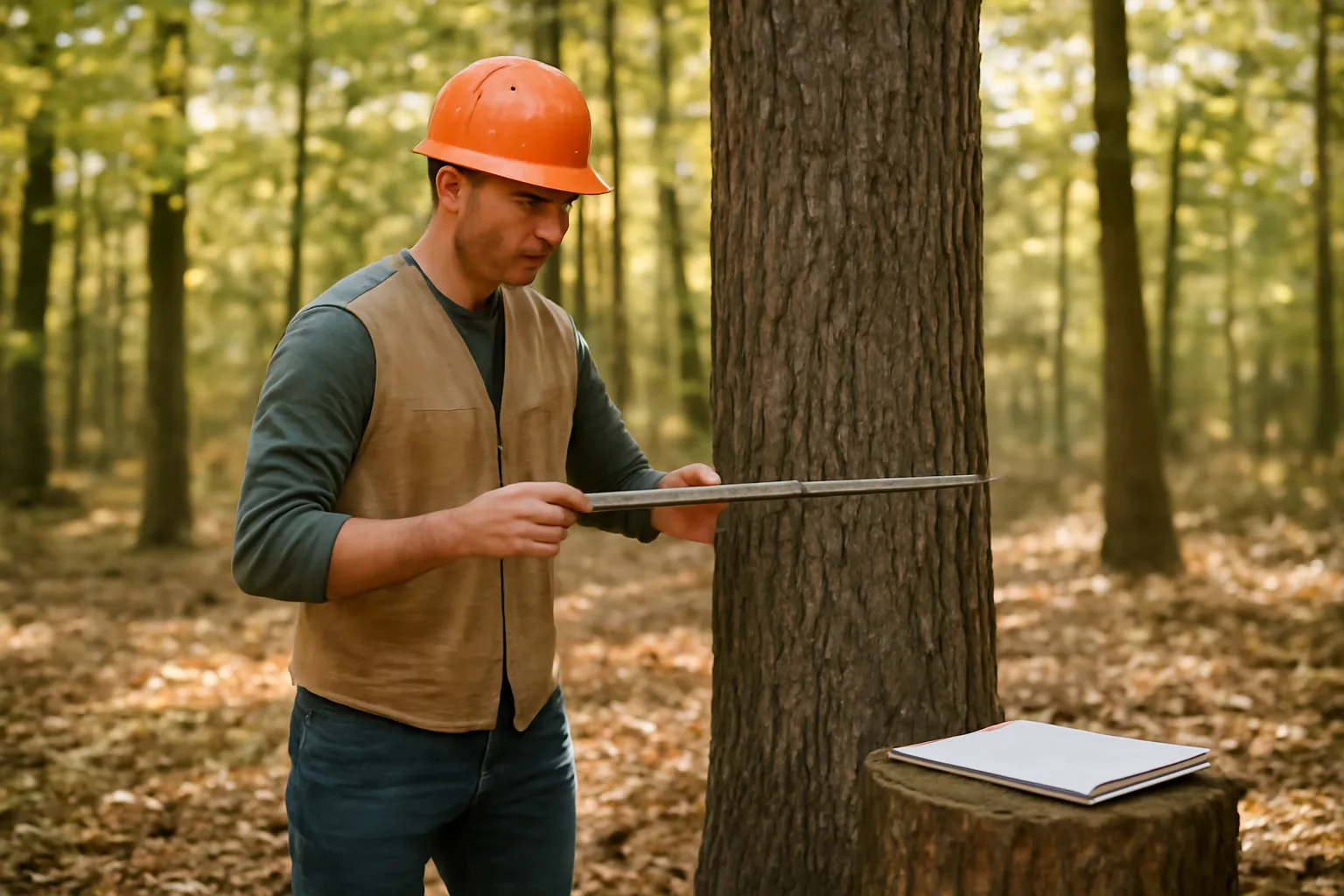 Forester measuring tree diameter in hardwood forest for management plan