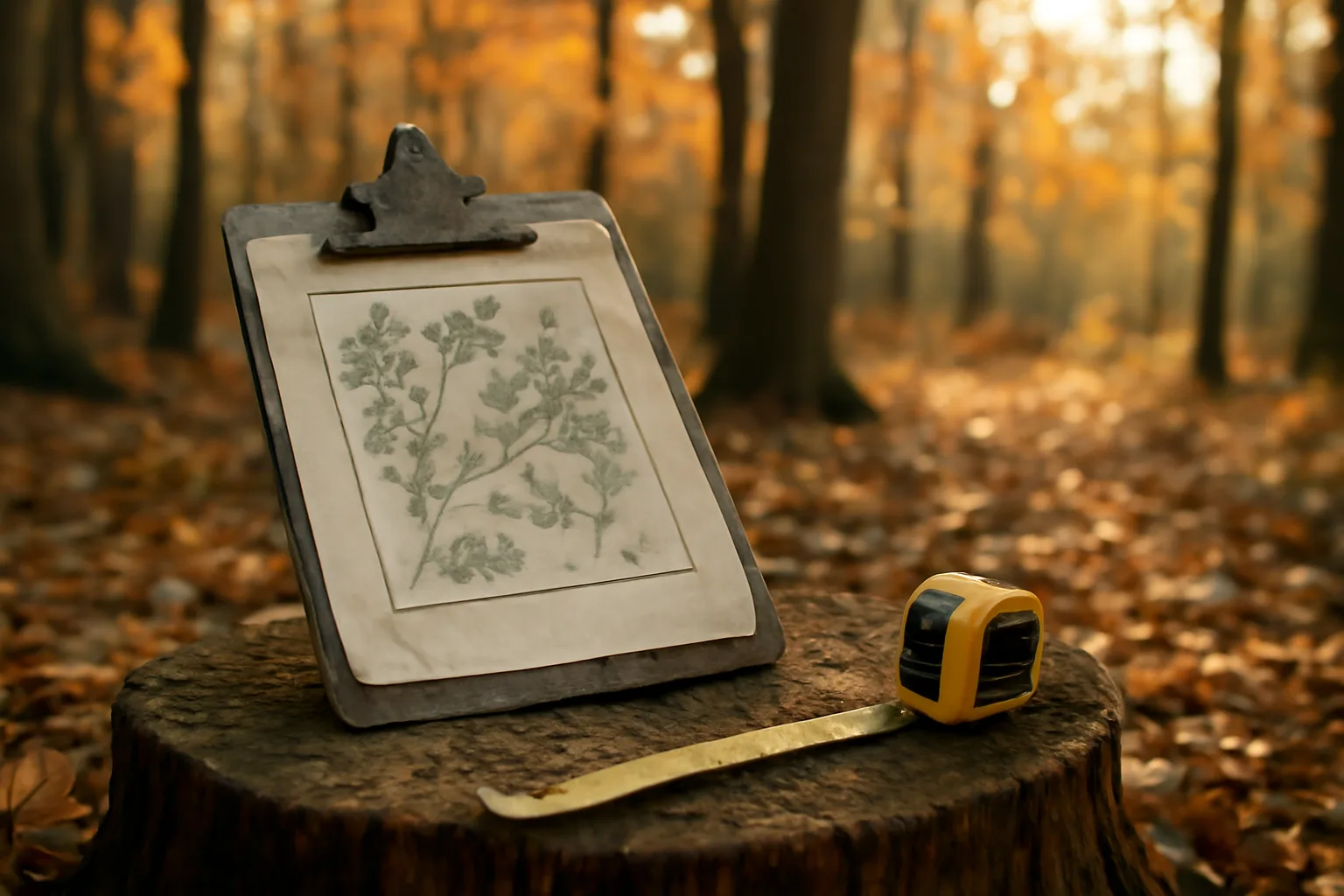Forester's stand map and measuring tape on a stump during forest management planning