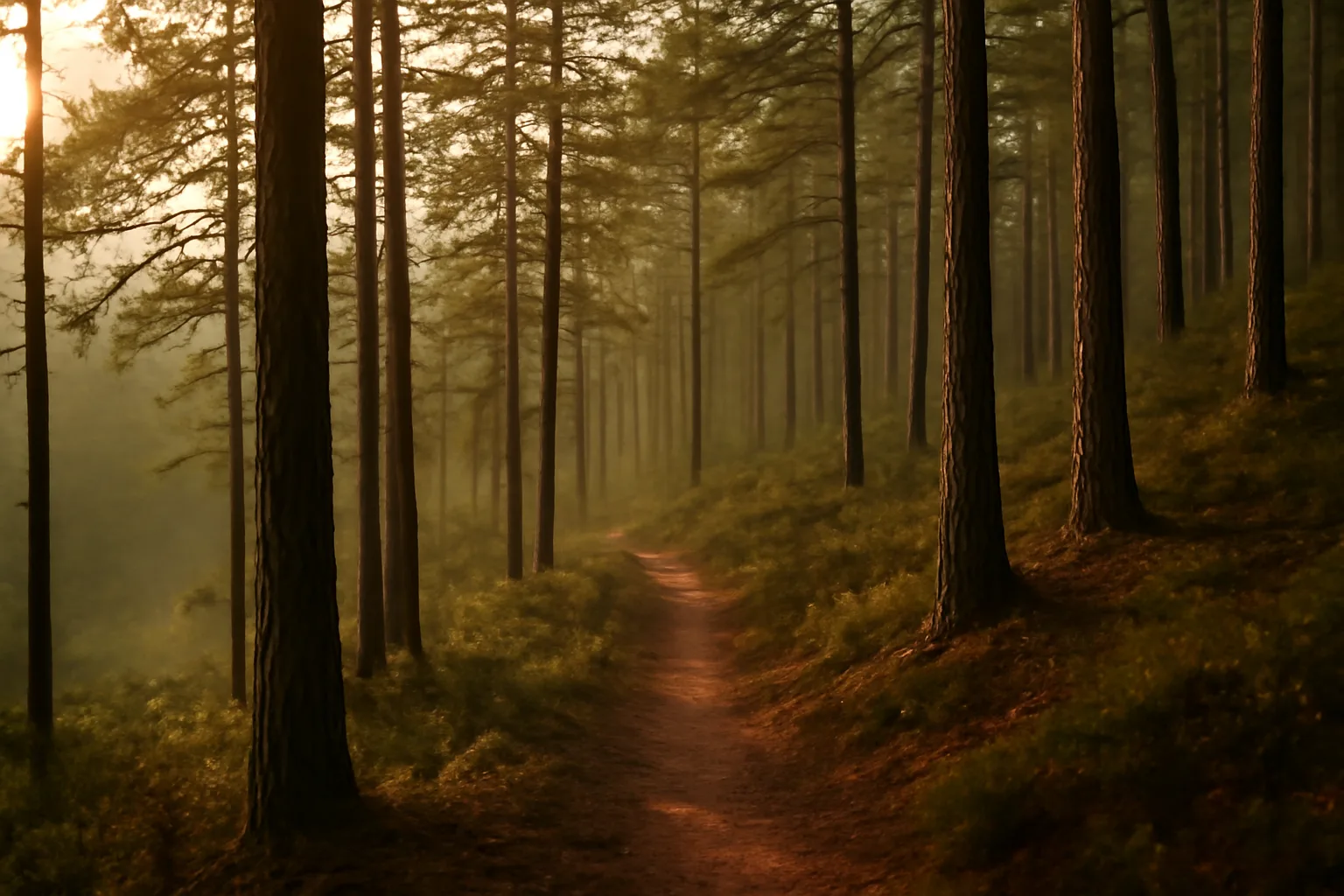 Wooded hillside trail through a forest management plan property at dawn