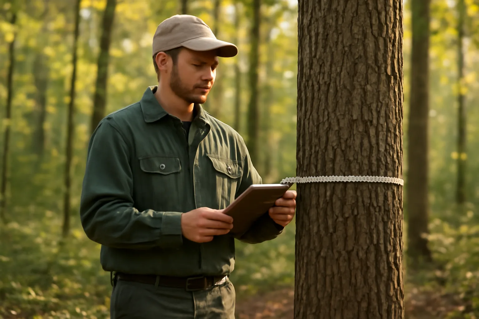 forester measuring a tree trunk in a wooded stand while reviewing a timber management plan example