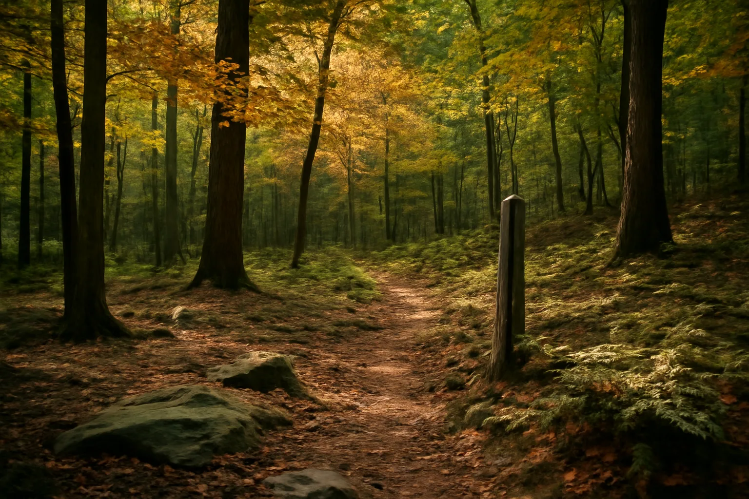 Mixed hardwood forest with trail marker and autumn canopy light