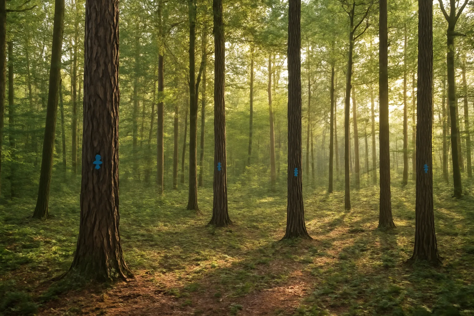 Sunlit wooded acreage with marked timber stand ready for forest management review