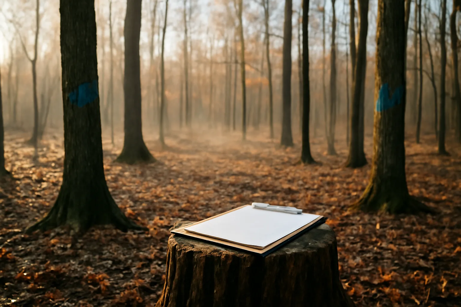 Marked hardwood timber stand in a woodlot during autumn morning light