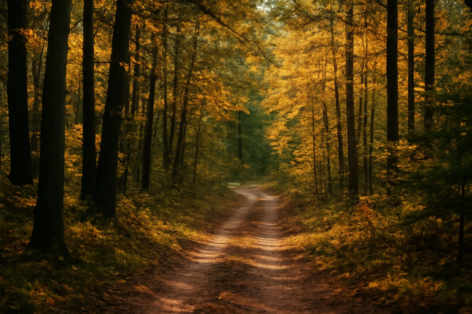 Sunlit wooded acreage with a dirt trail, illustrating land taxed at current use value