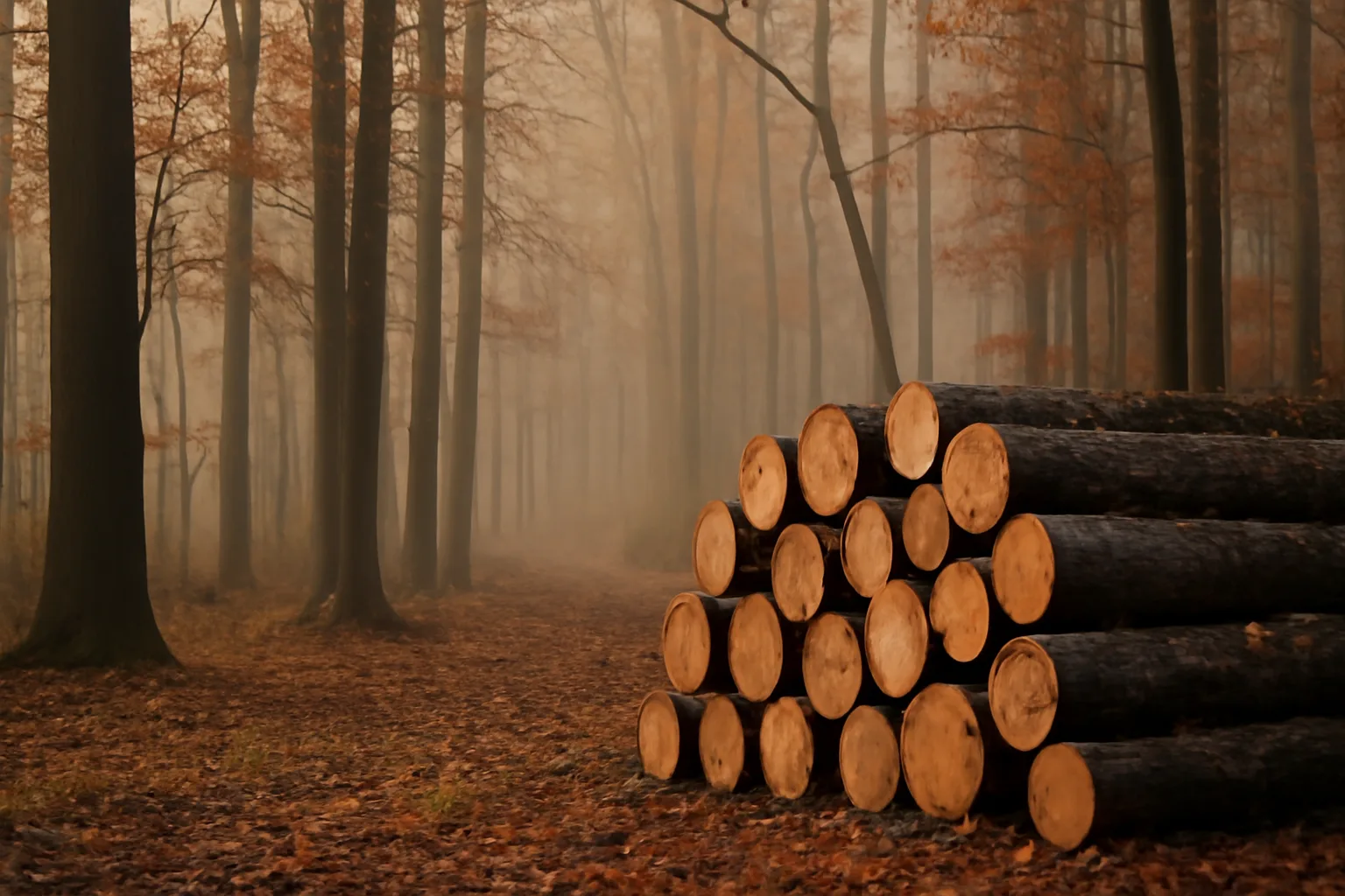 Autumn woodlot with stacked cut logs illustrating current use forest tax land
