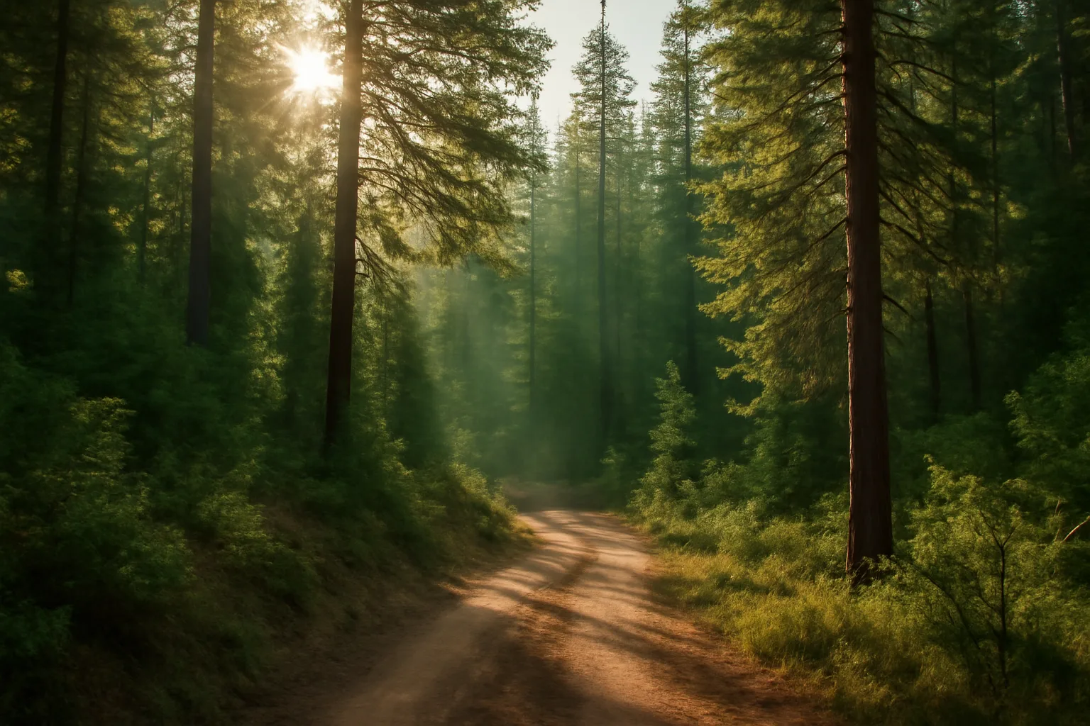 Sunlit Sierra Nevada foothill forest with a dirt road winding through conifers