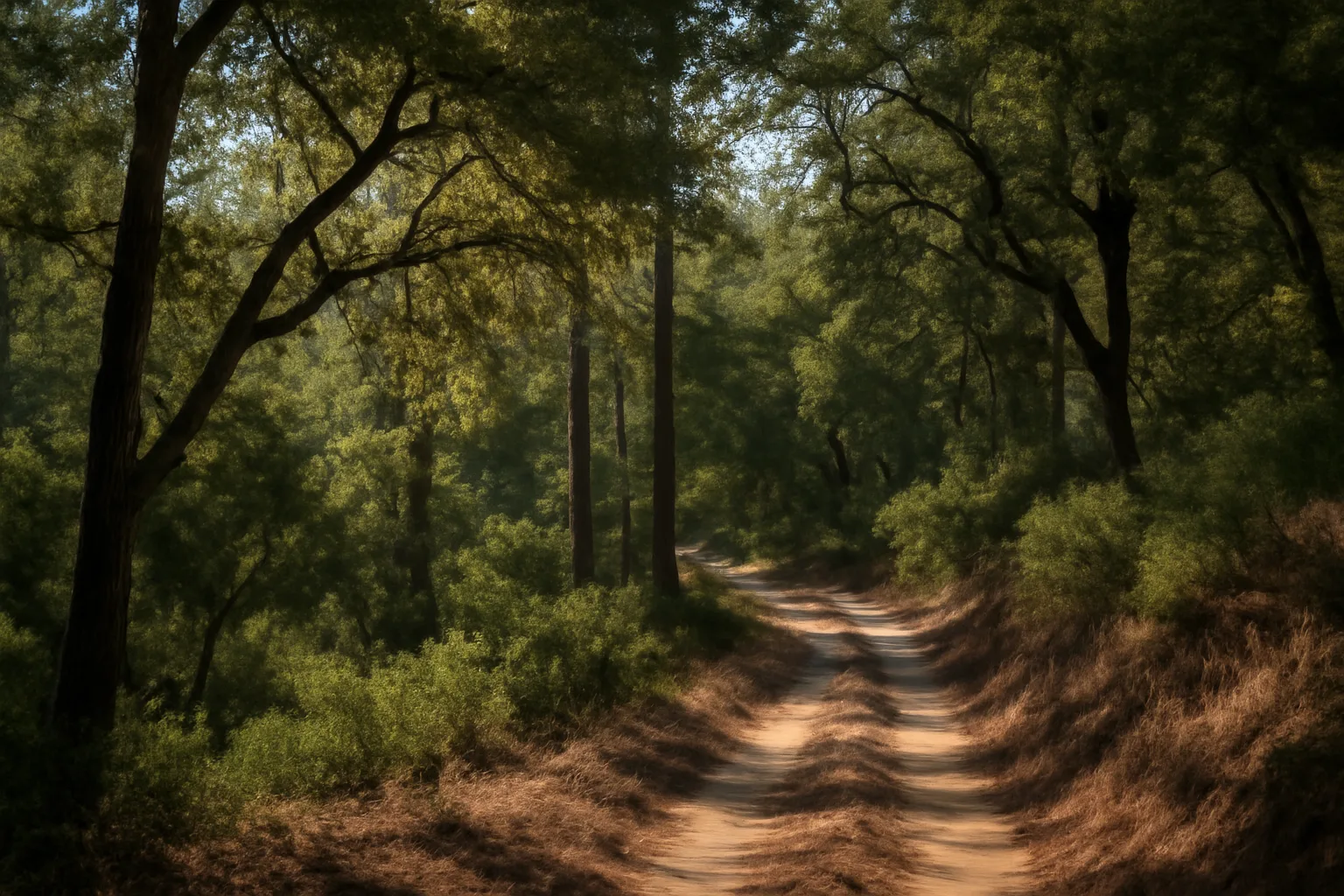 Sunlit hillside forest with a dirt fire road near Southern California woodland