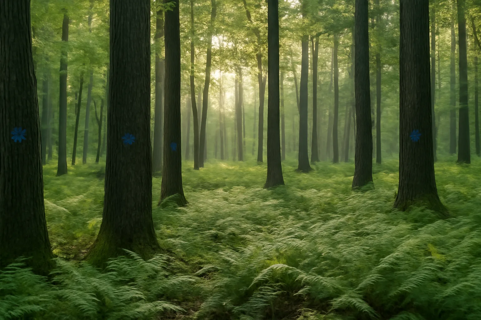 Forester's marked trees in a managed woodland during a community forest management plan survey