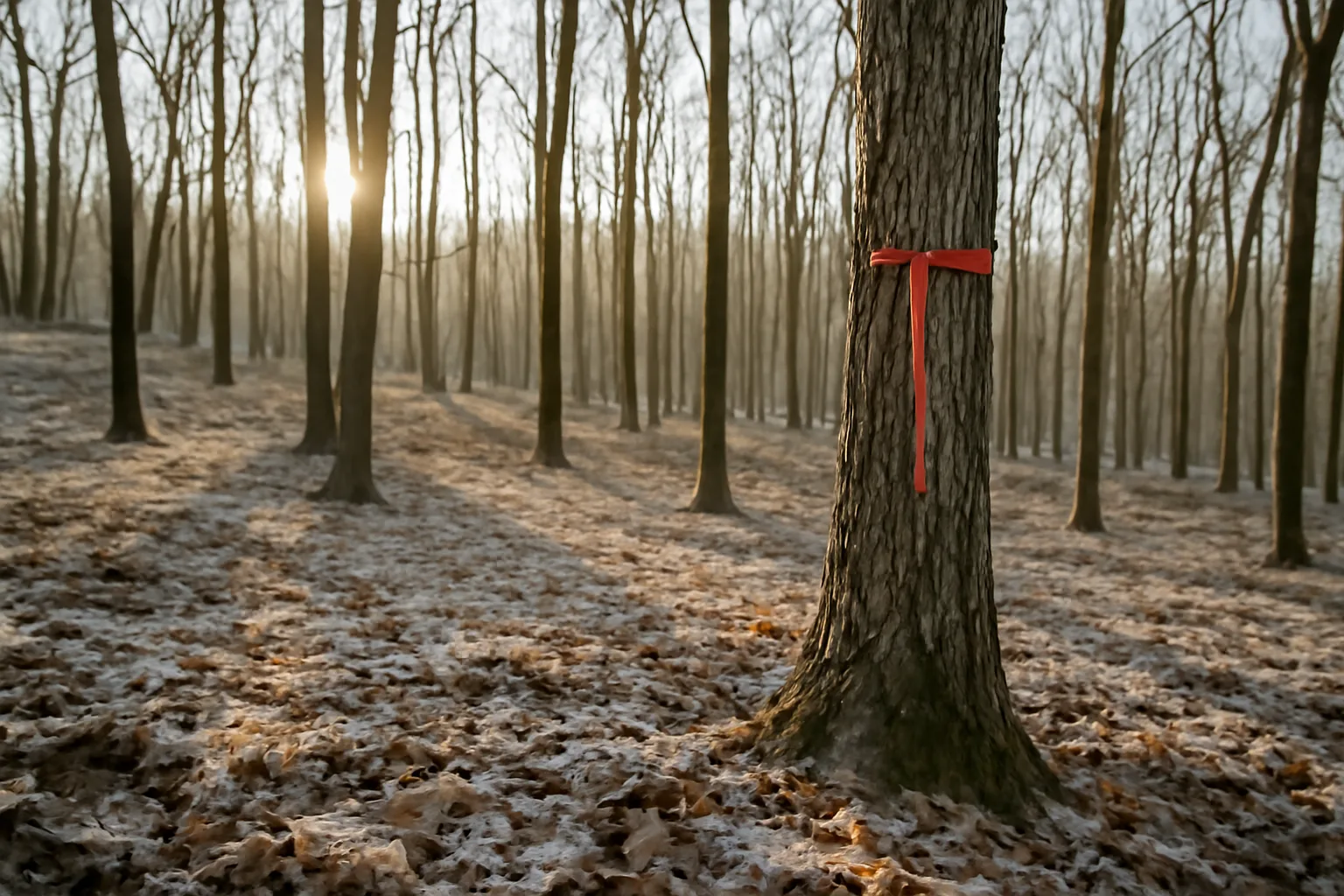 Sunlit hardwood woodlot with marked trees, representing land enrolled in a current use forest tax program