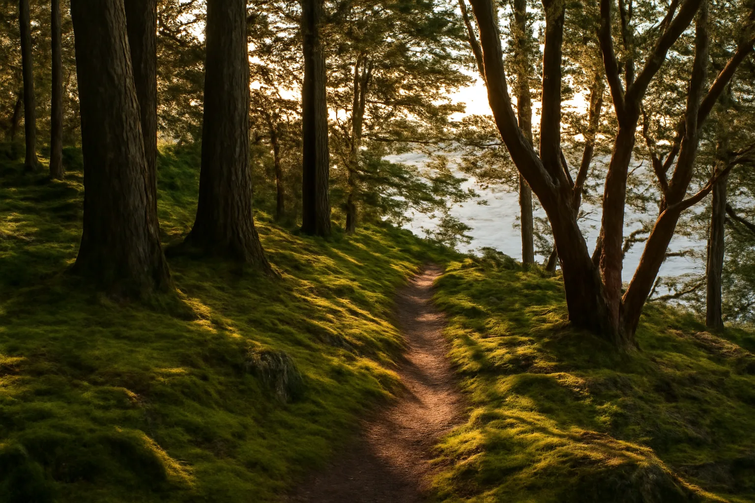 Wooded island bluff with fir and madrona trees overlooking water at golden hour