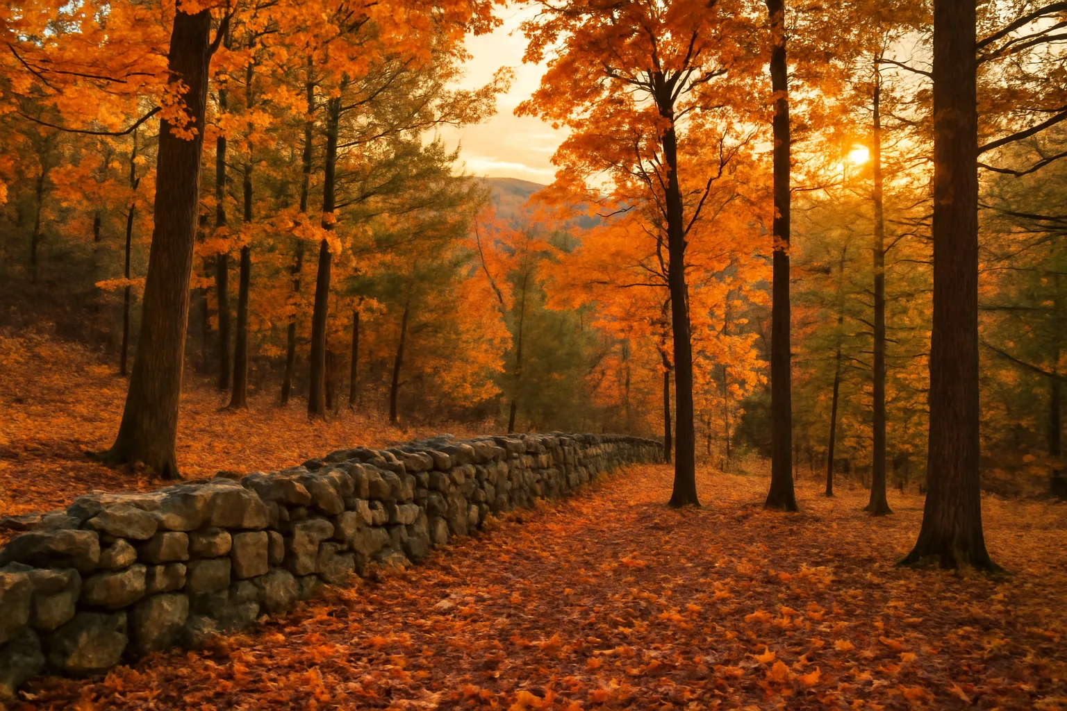 New Hampshire wooded hillside with stone wall, illustrating land eligible for current use tax