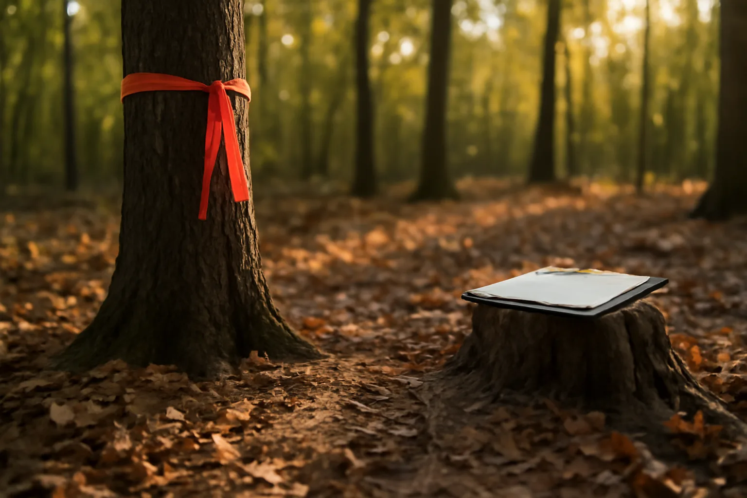Sunlit woodlot with flagging tape marking trees for a forest management plan