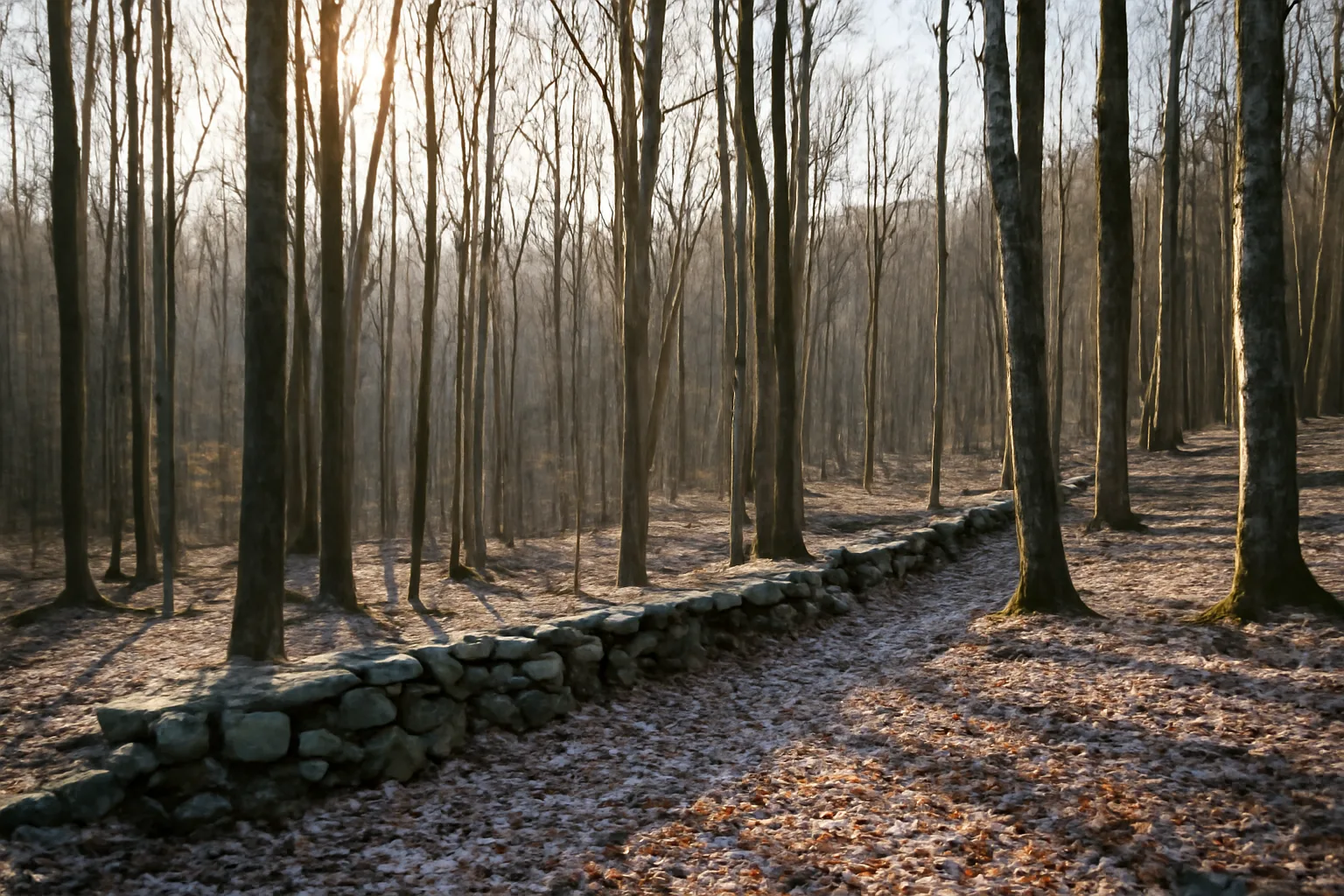 Sunlit Vermont hardwood woodlot with a stone wall, illustrating current use tax vt forestland