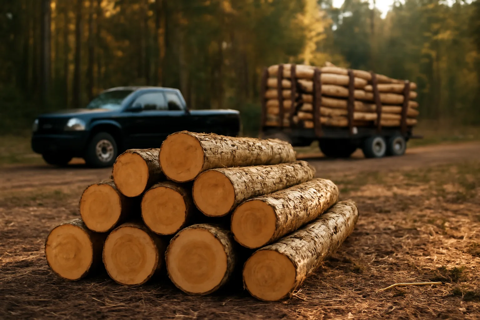 Stacked cut logs at a forest harvest site after a timber sale