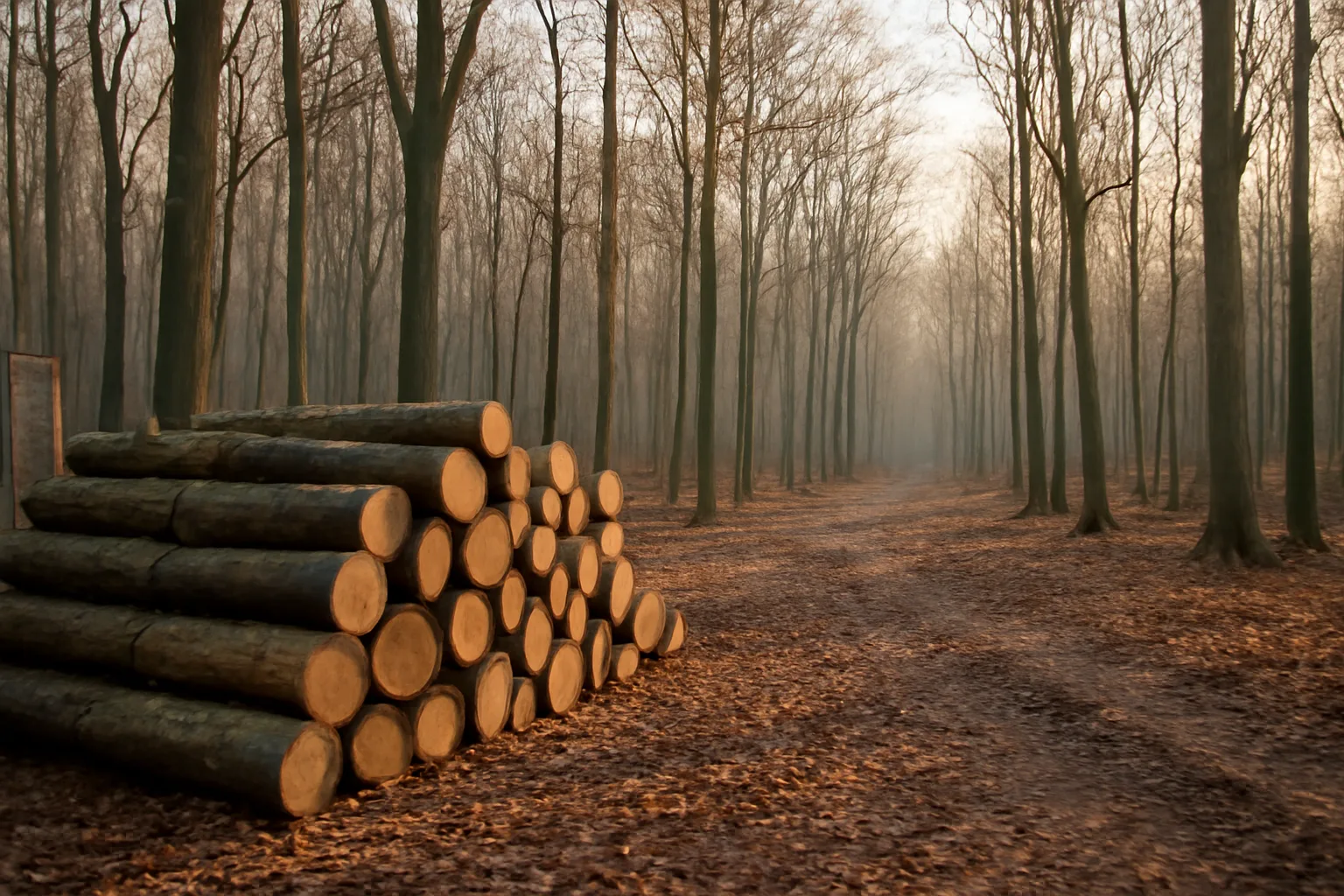 Stacked cut logs at a forest landing during a woodlot timber sale in autumn