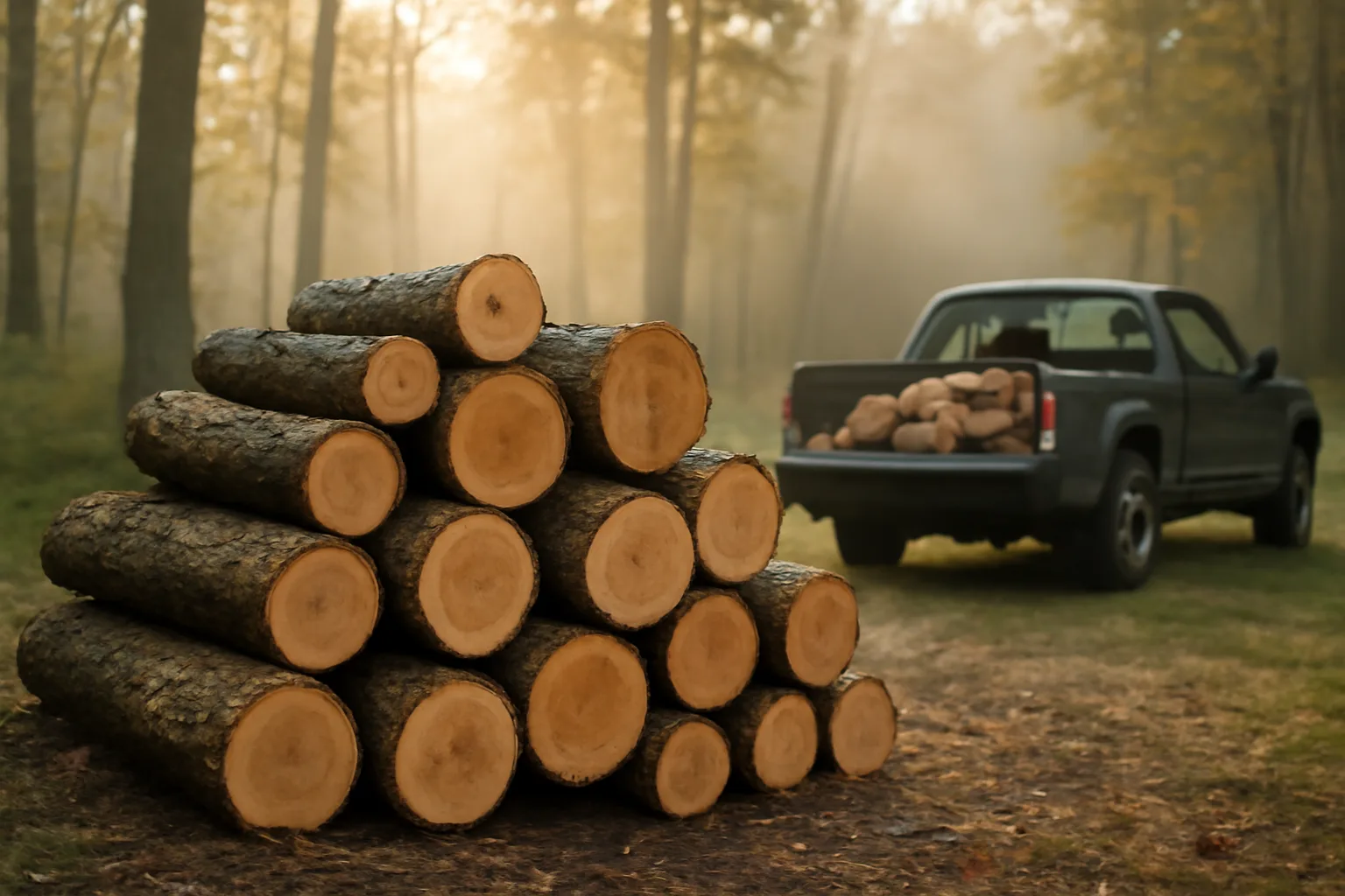 Freshly cut timber logs stacked at a forest clearing after a harvest