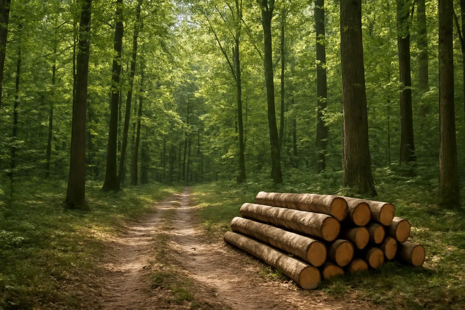 Sunlit forest stand with a logging trail, illustrating timber versus agriculture conservation tax choices