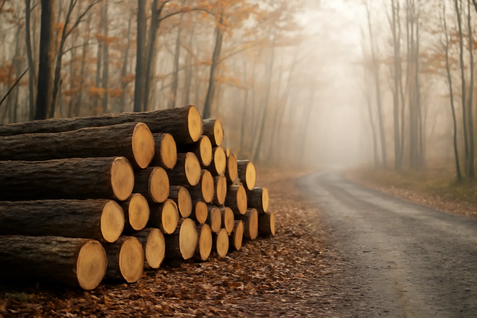 Stacked timber logs at a forest landing illustrating federal income tax on timber sales