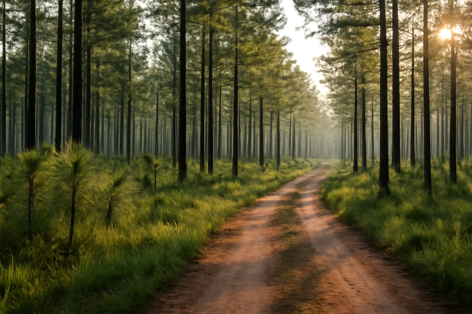 Sunlit rows of managed pine forest on Florida woodland acreage at dawn