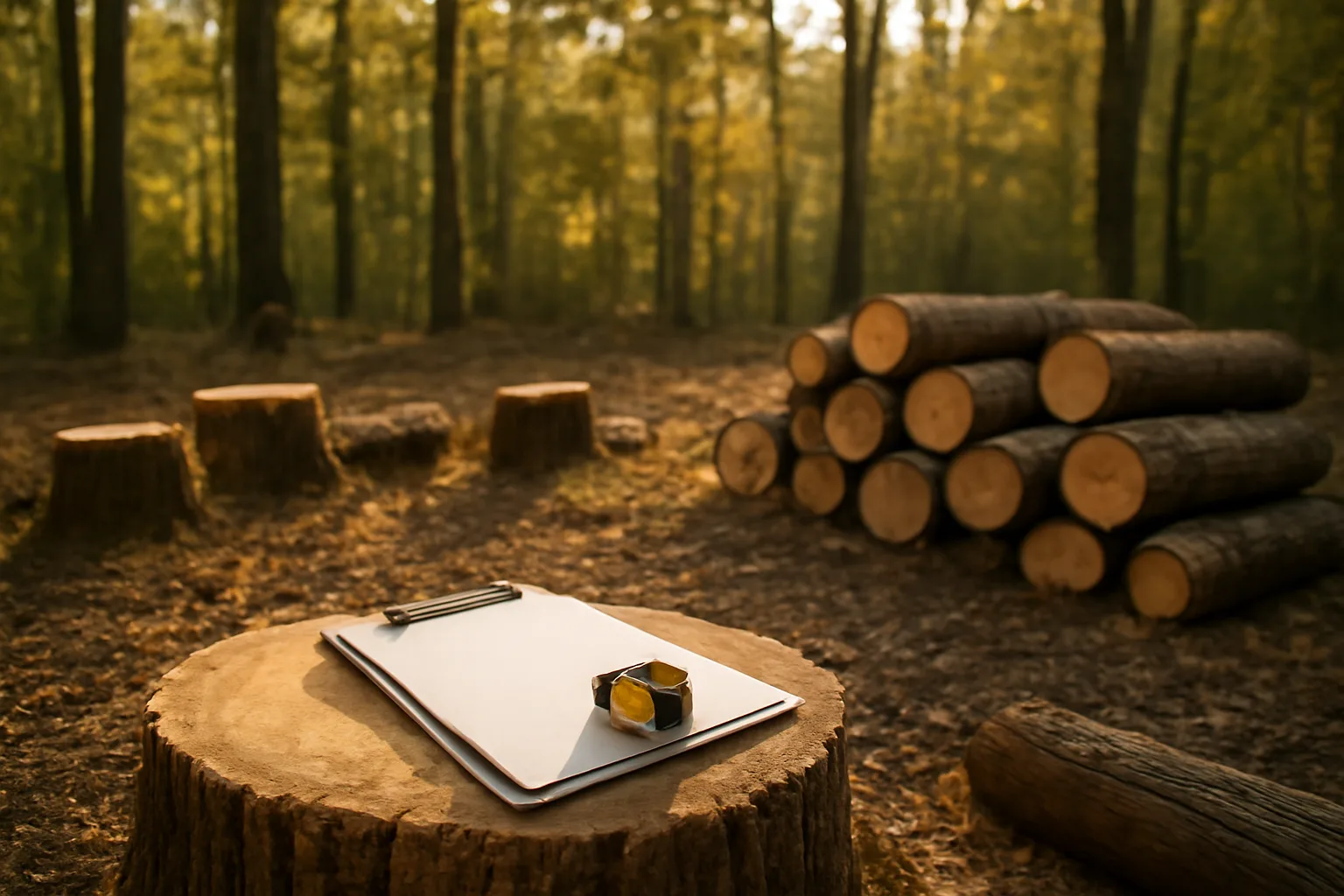 Sunlit forest clearing with cut logs and stumps, evoking timber harvest and forest tax program compliance