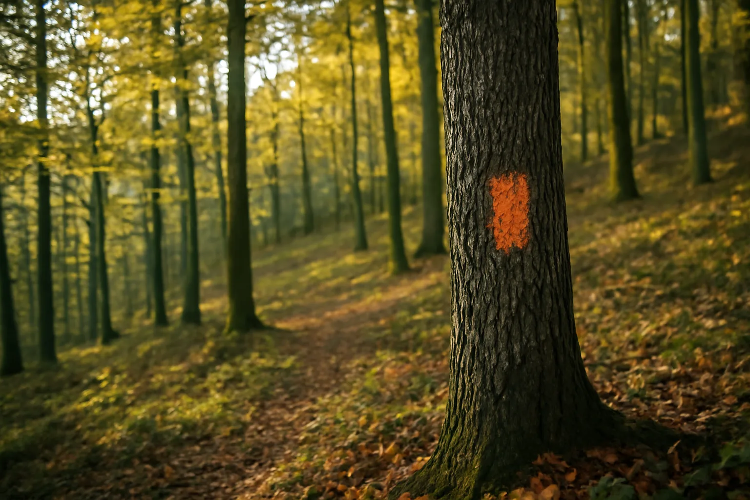 Thinned forest stand with a boundary tree marked for forest maintenance work