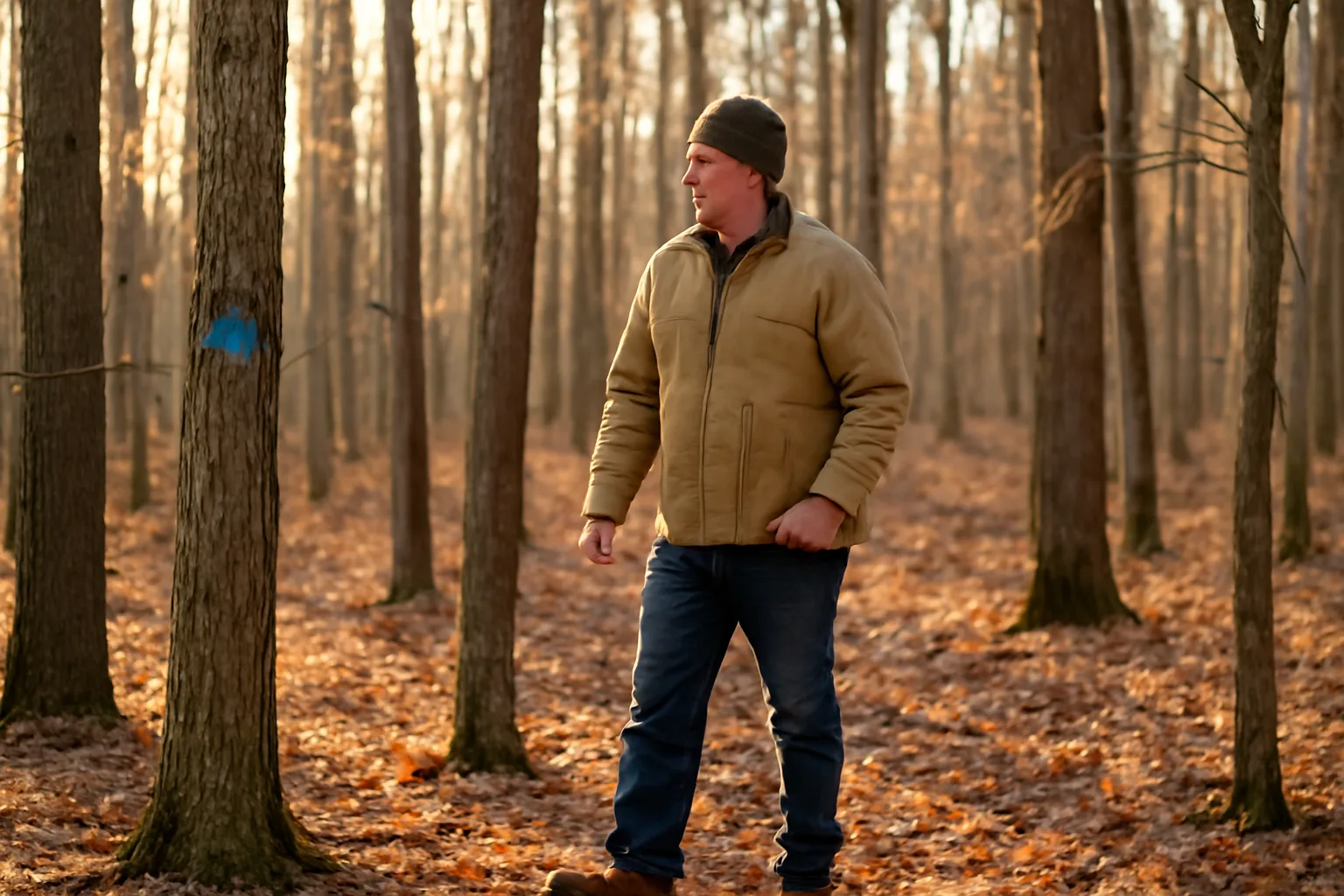 Landowner walking through a marked hardwood stand during forest management planning