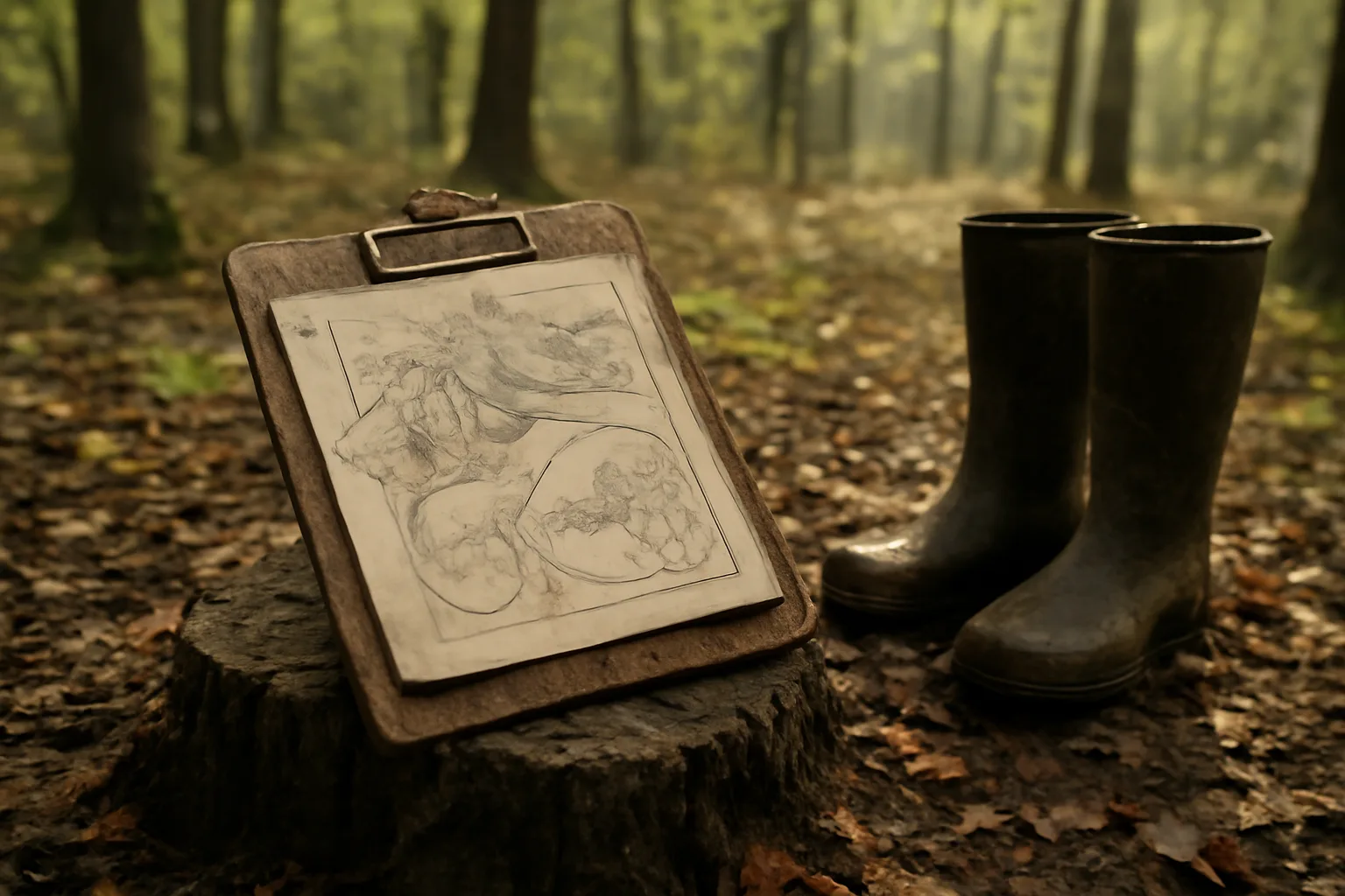 Clipboard with forest stand maps on a stump, representing a forest management plan in the woods