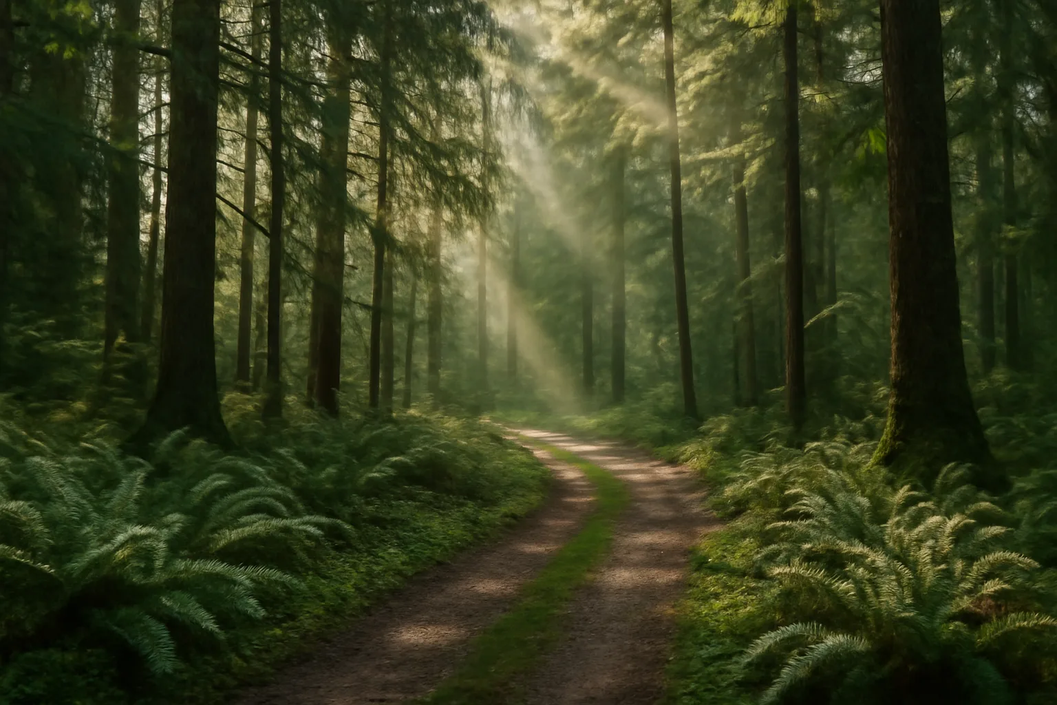 Sunlit Douglas fir woodlot along a forest access road in Washington State