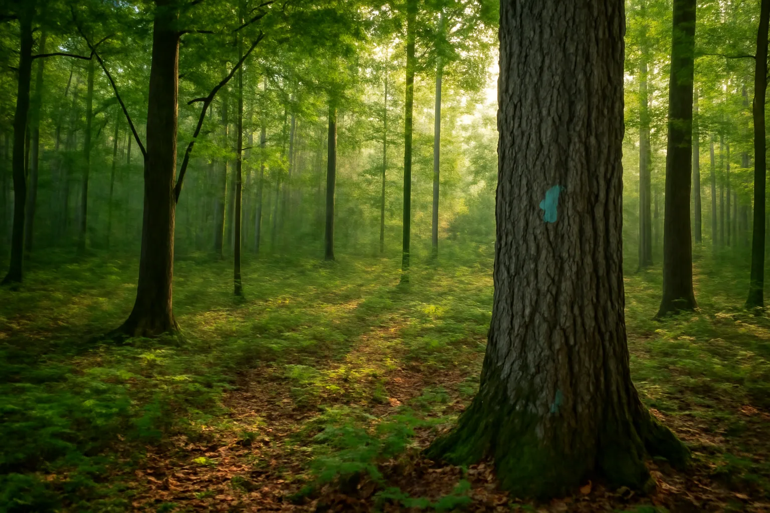Sunlit hardwood woodlot showing forest management strategies with a marked tree trunk