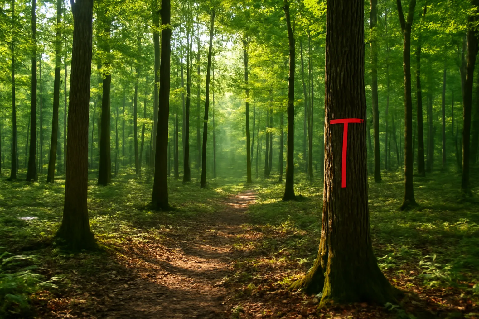 Sunlit hardwood forest stand with flagging tape marking a section 480a managed timber tract