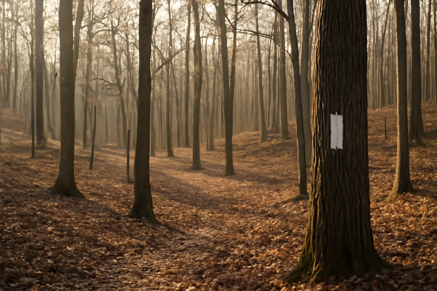 Sunlit hardwood woodlot with marked trees illustrating forest tax and timber management