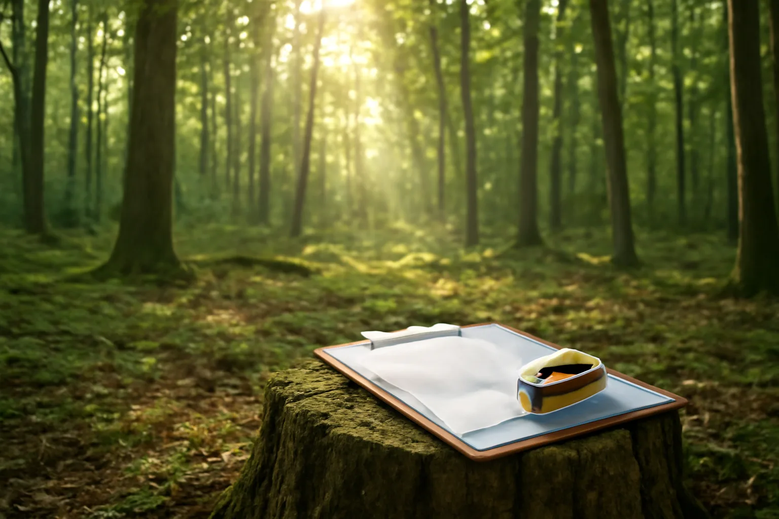 Sunlit woodlot with a stump and measuring tools, illustrating forest taxation and timber records