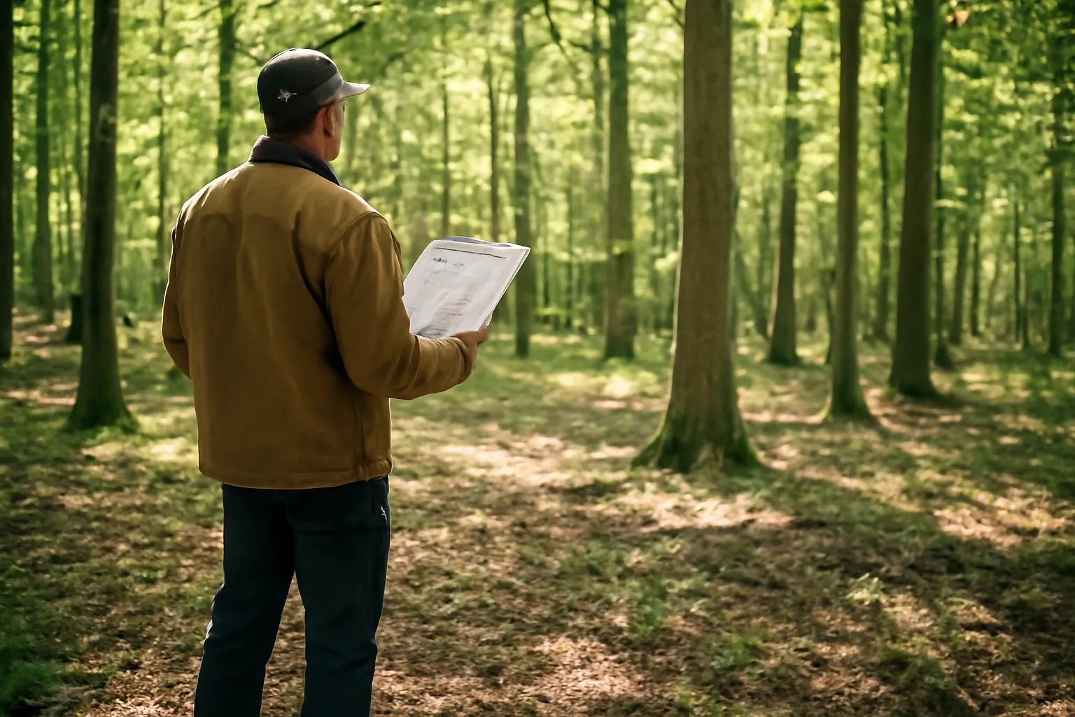 Landowner reviewing a forest management plan at the edge of a wooded stand