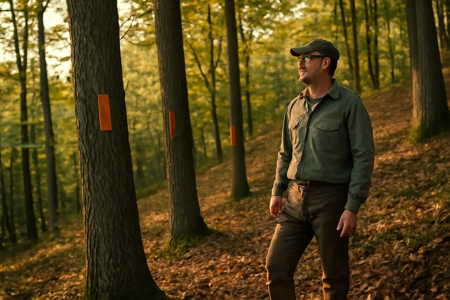 Woodland owner walking a marked timber stand as part of a forestry plan