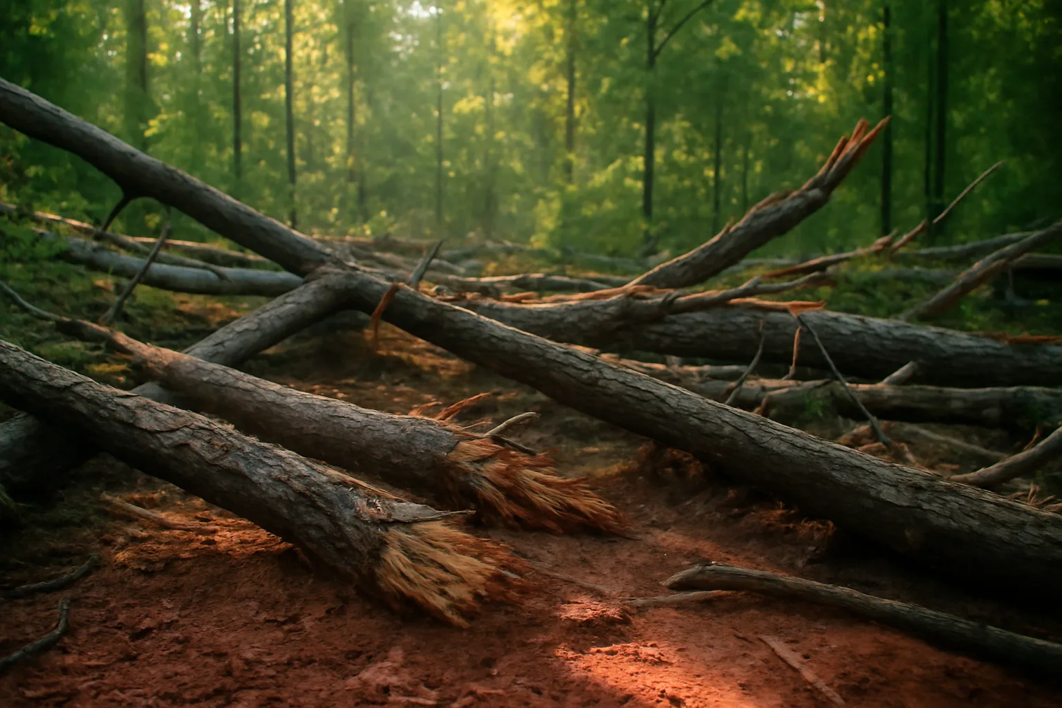 Storm-damaged pine timber on Georgia woodland after Hurricane Helene