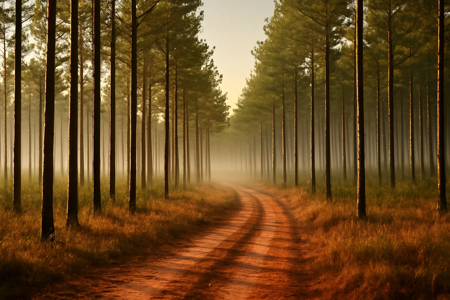 Rows of pine trees on a Georgia timber tract at sunrise with a dirt road