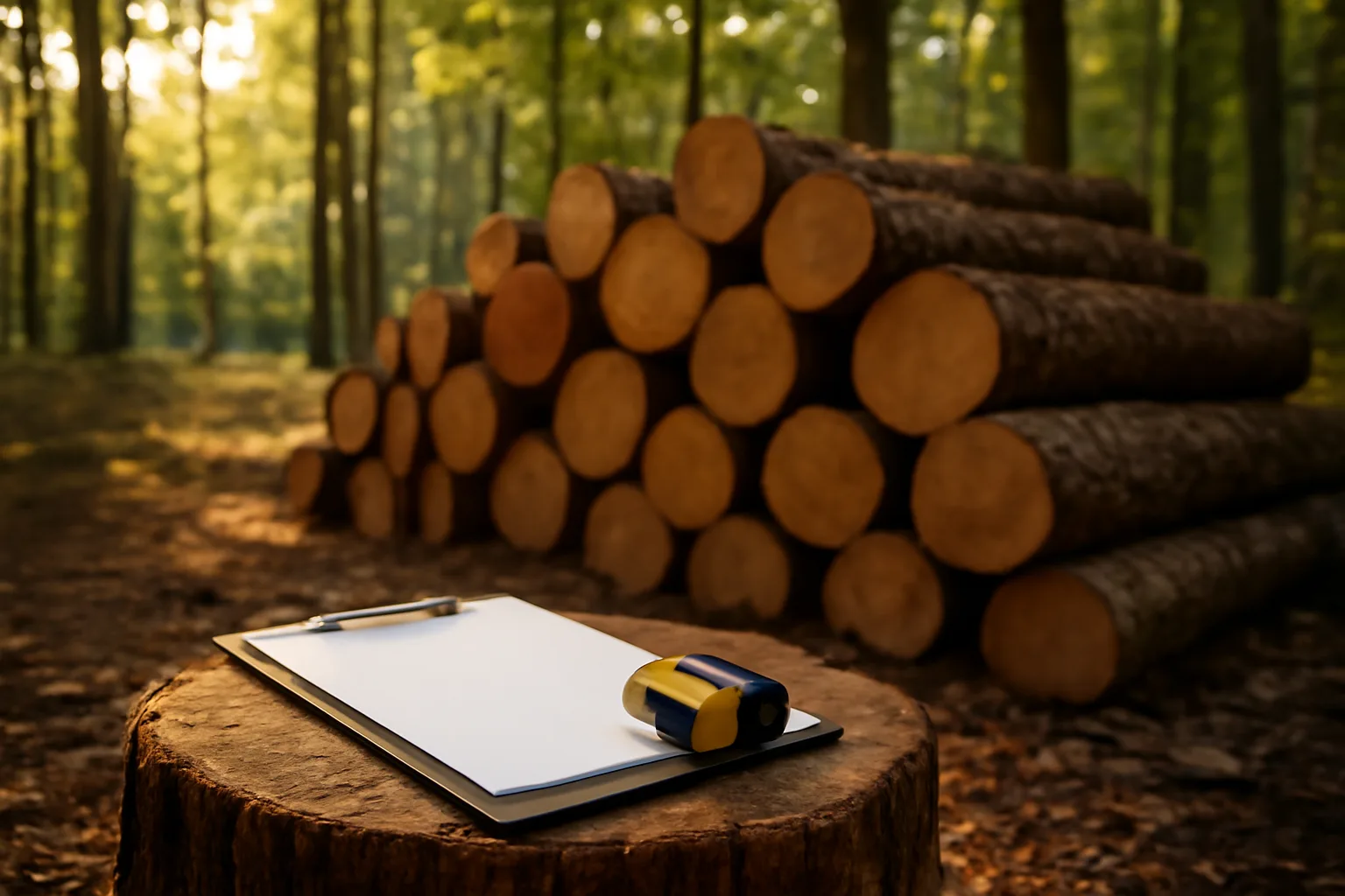 Stacked timber logs at a forest landing illustrating how timber royalties are taxed
