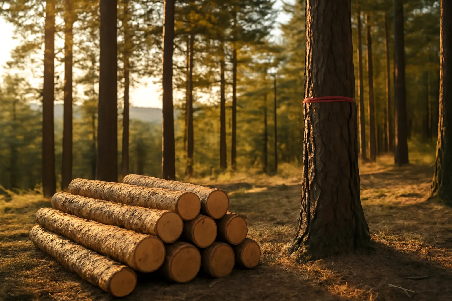 Stacked cut logs beside standing timber in a forest clearing at sunset