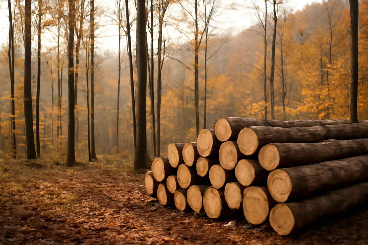 Stacked timber logs at a forest clearing edge after a harvest sale