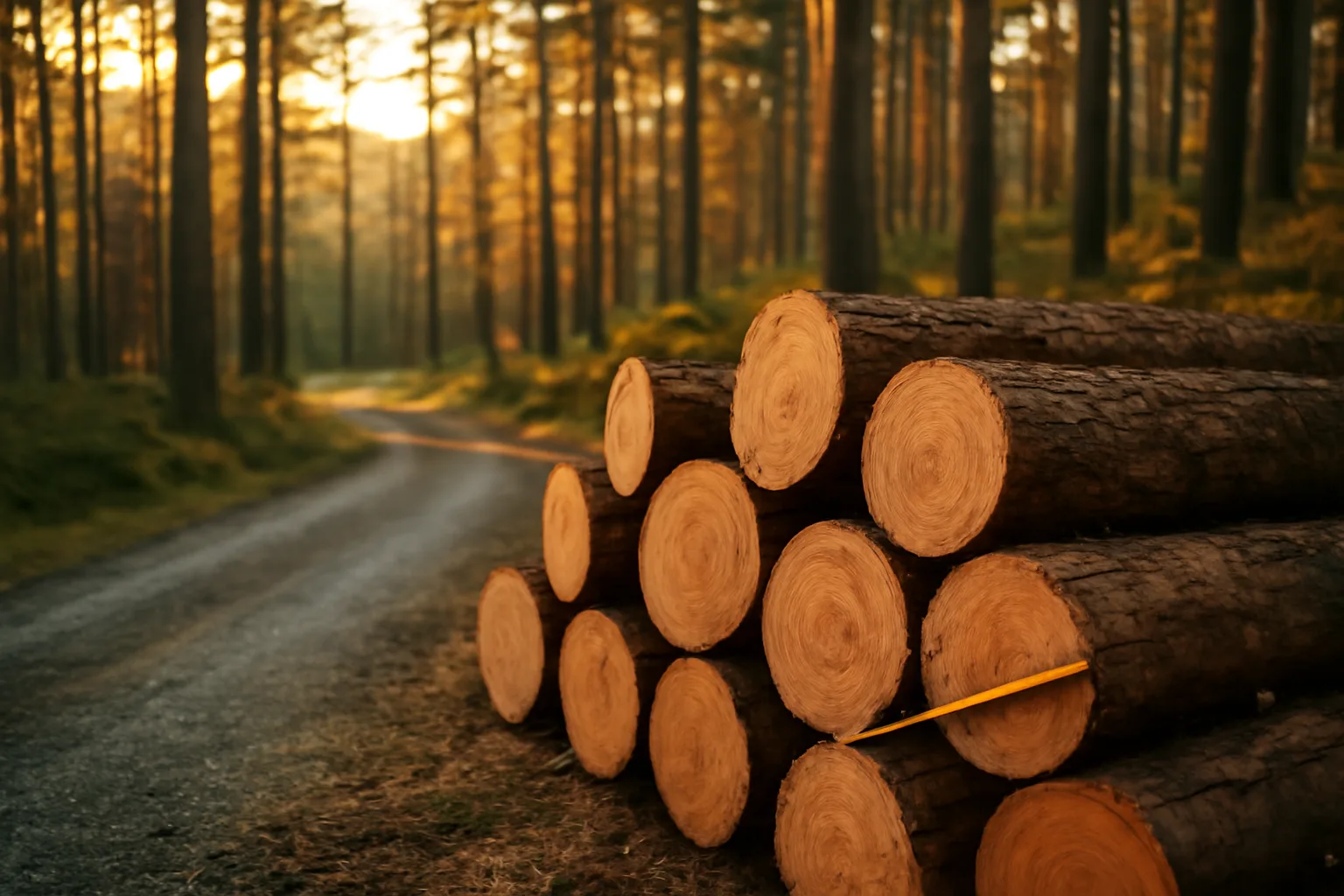 Stacked cut logs beside a forest logging road representing timber sale income and taxes
