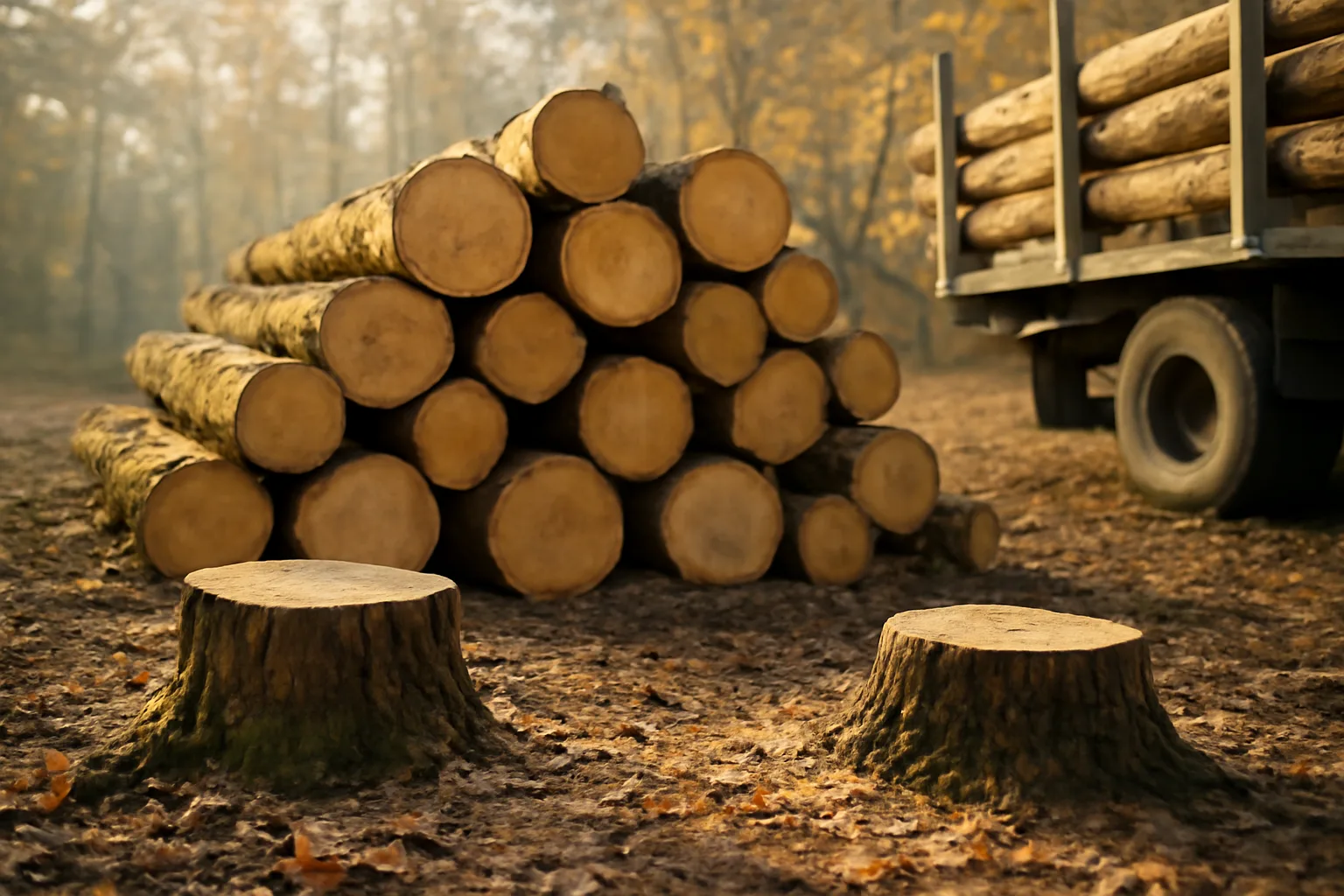 Freshly harvested timber logs stacked at a forest landing in autumn light