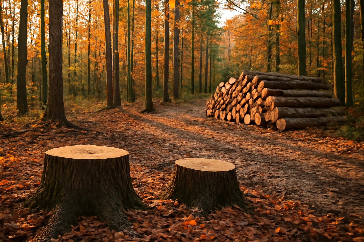 Harvested logs stacked along a forest skid trail in afternoon light, illustrating timber sale taxation