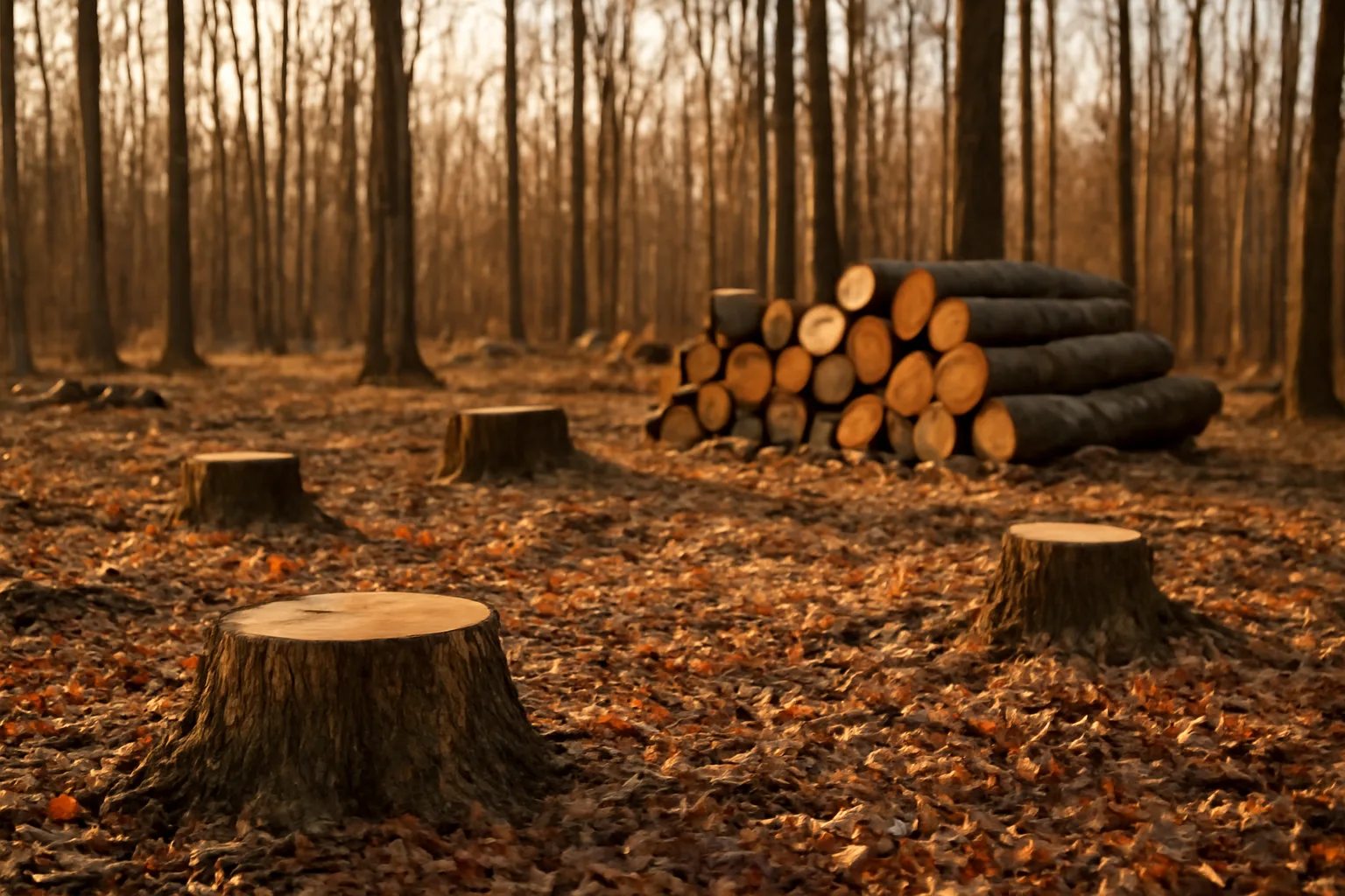 Freshly harvested logs stacked at a woodlot landing in autumn light